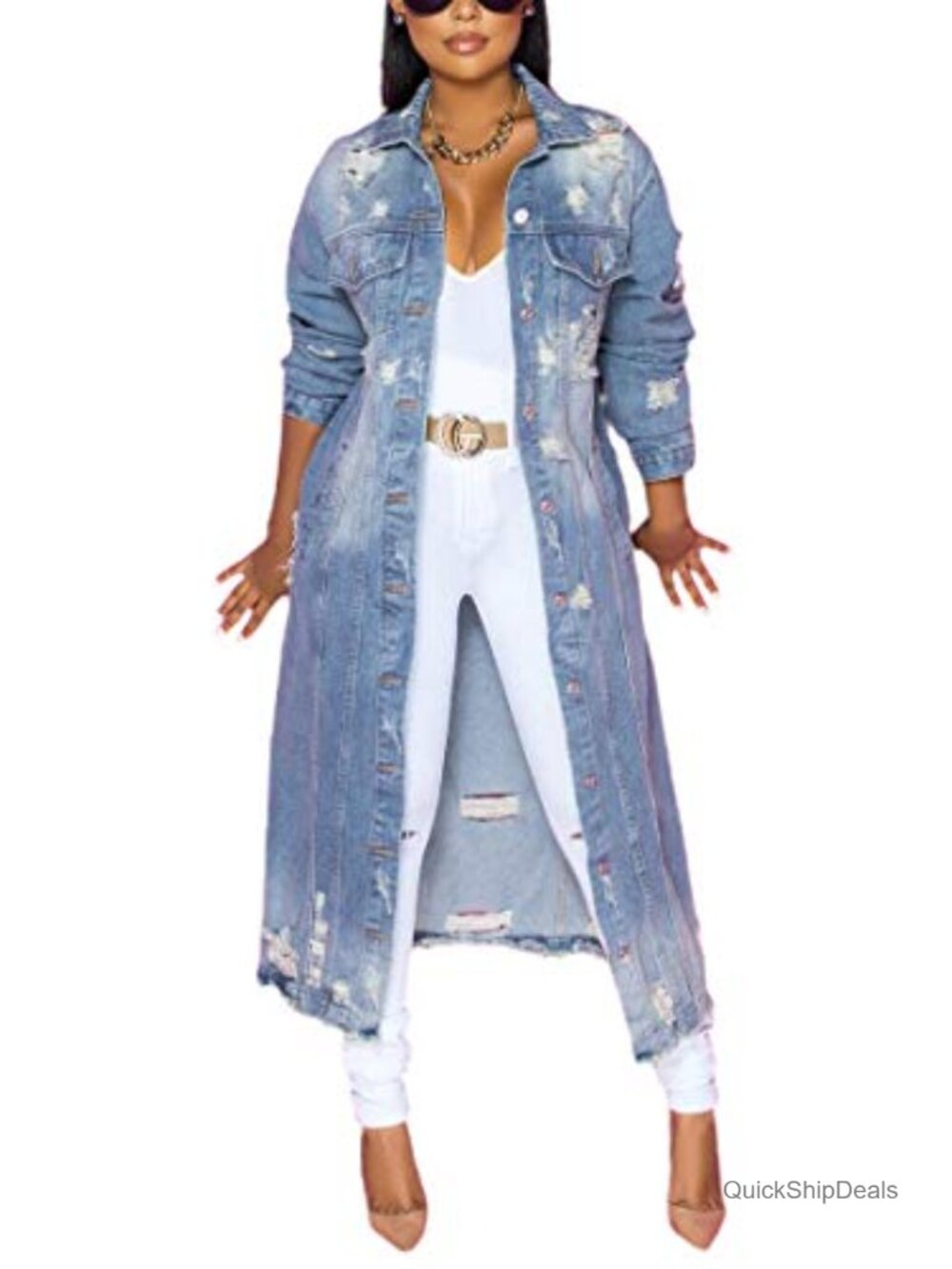 Ripped Maxi Long Denim Jacket Trench Coat Button Down